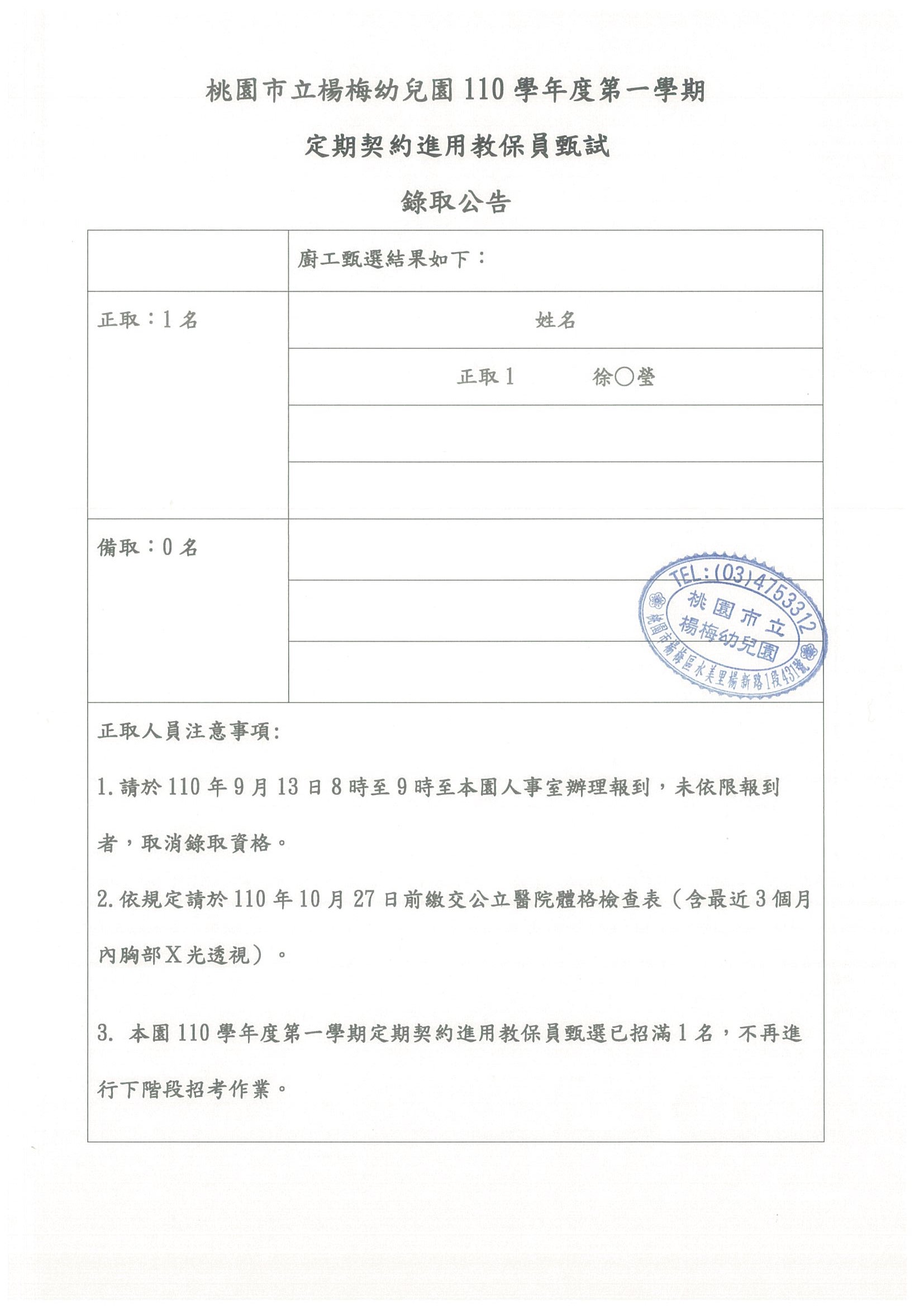 楊梅幼兒園110學年度第一學期第1次定期契約進用教保員錄取公告【已經招滿】